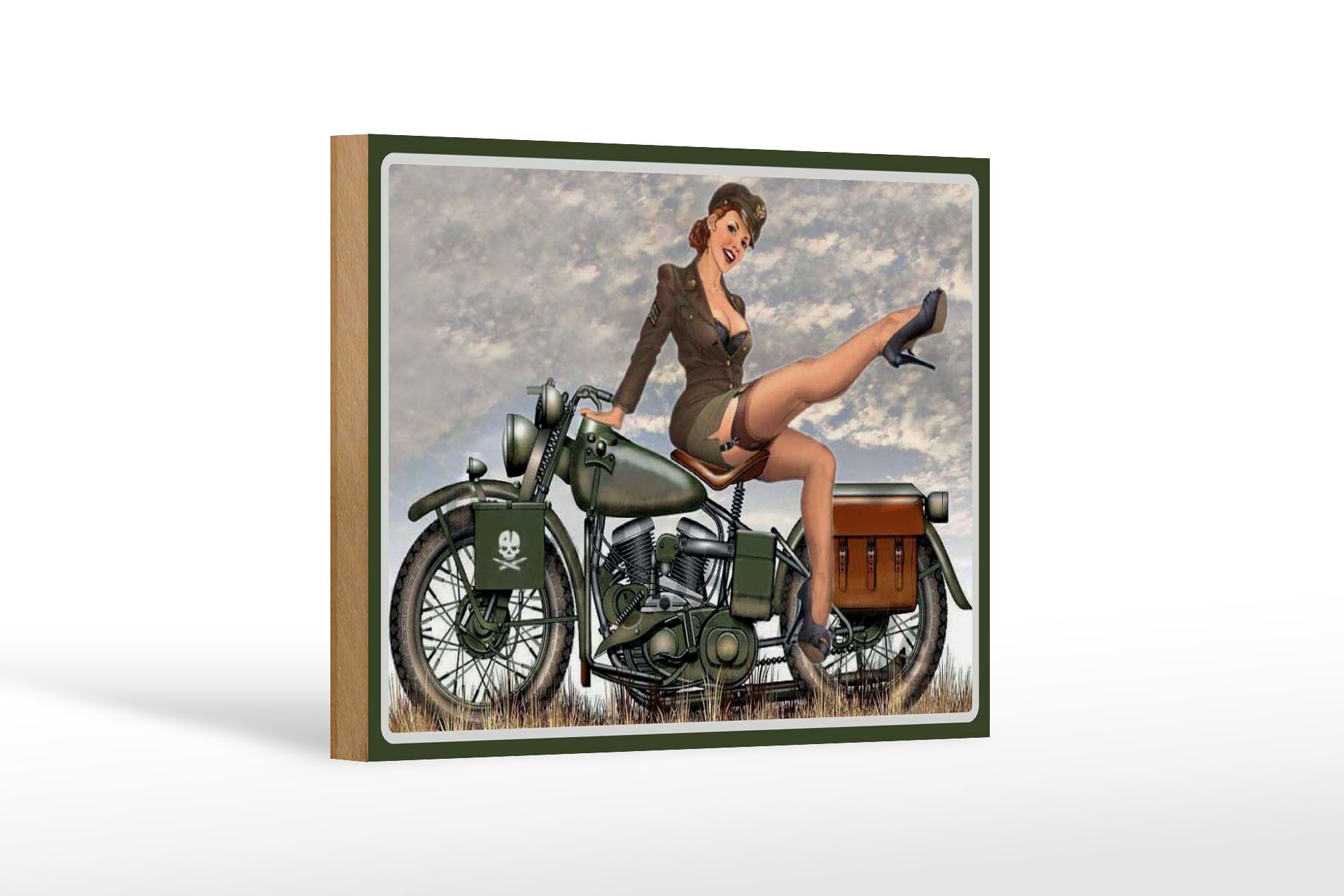 Holzschild Motorrad 12x18 cm Frau auf Motorrad Deko Schild