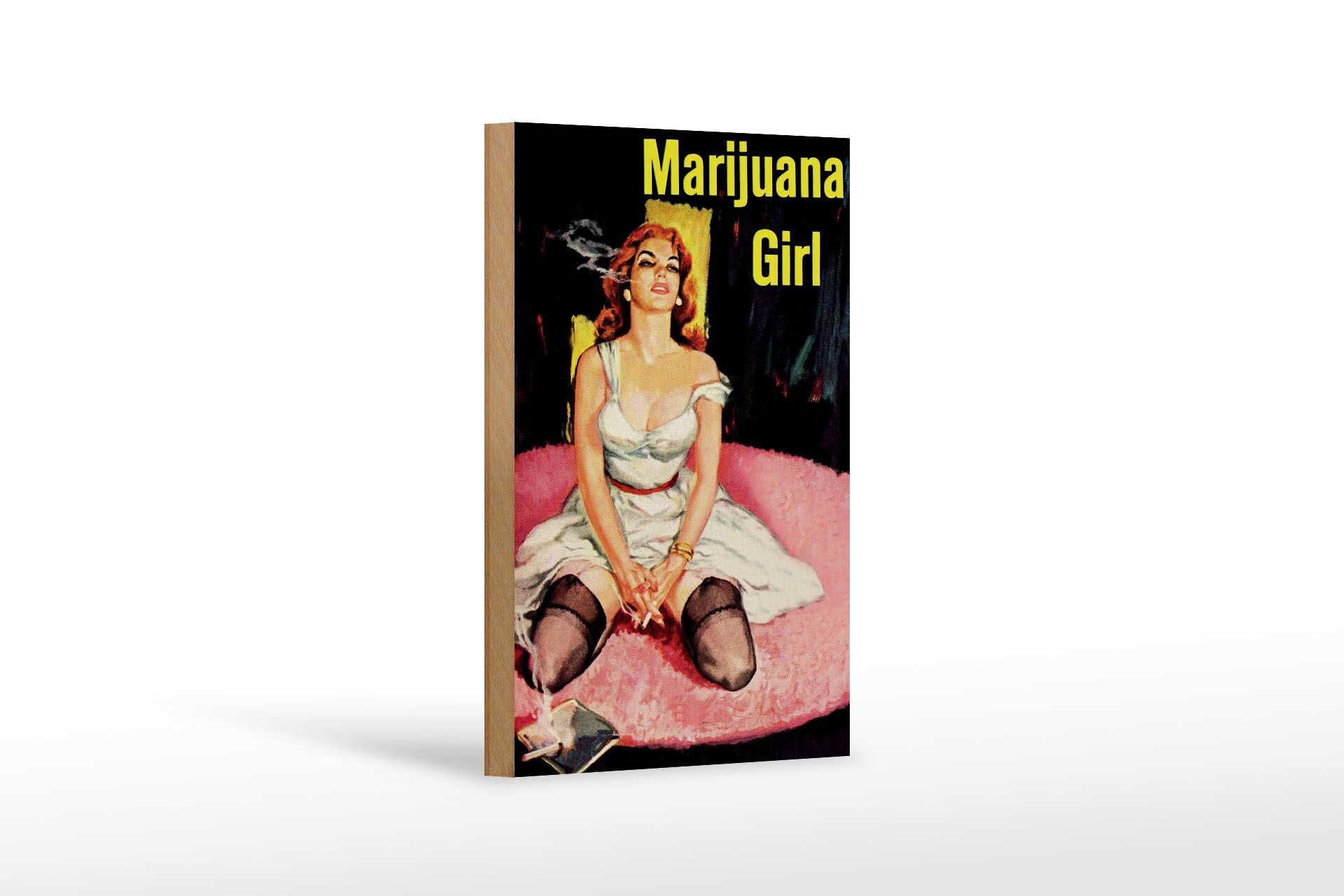 Holzschild Spruch 12x18 cm Marijuana Girl auf rosa Teppich Deko Schild