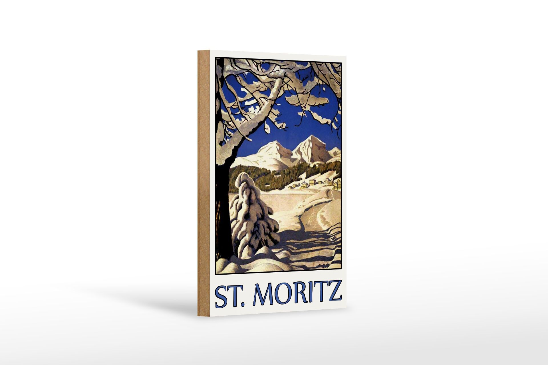 Holzschild Reise 12x18 cm St. Moritz Bäume Schnee Berge Deko Schild