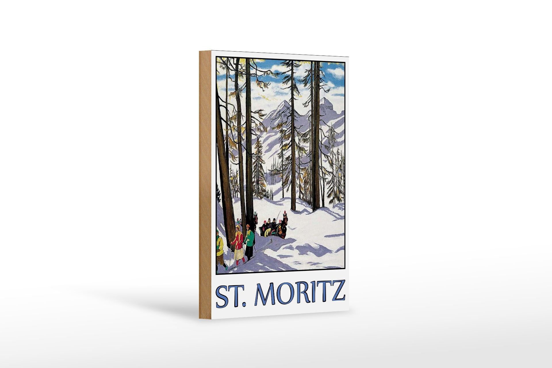 Holzschild Reise 12x18 cm St. Moritz Skiläufer Kutsche Schnee Deko Schild
