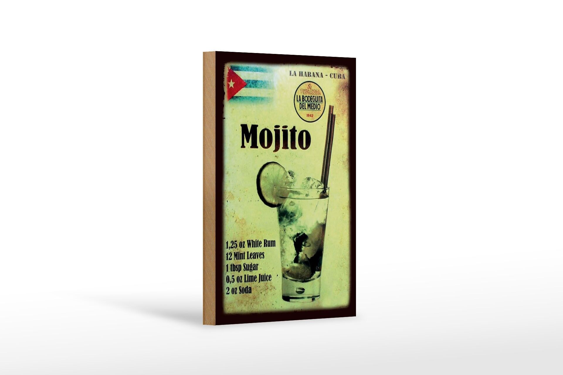 Holzschild Cocktail 12x18 cm mojito Rezept Retro Kuba Flagge Deko Schild