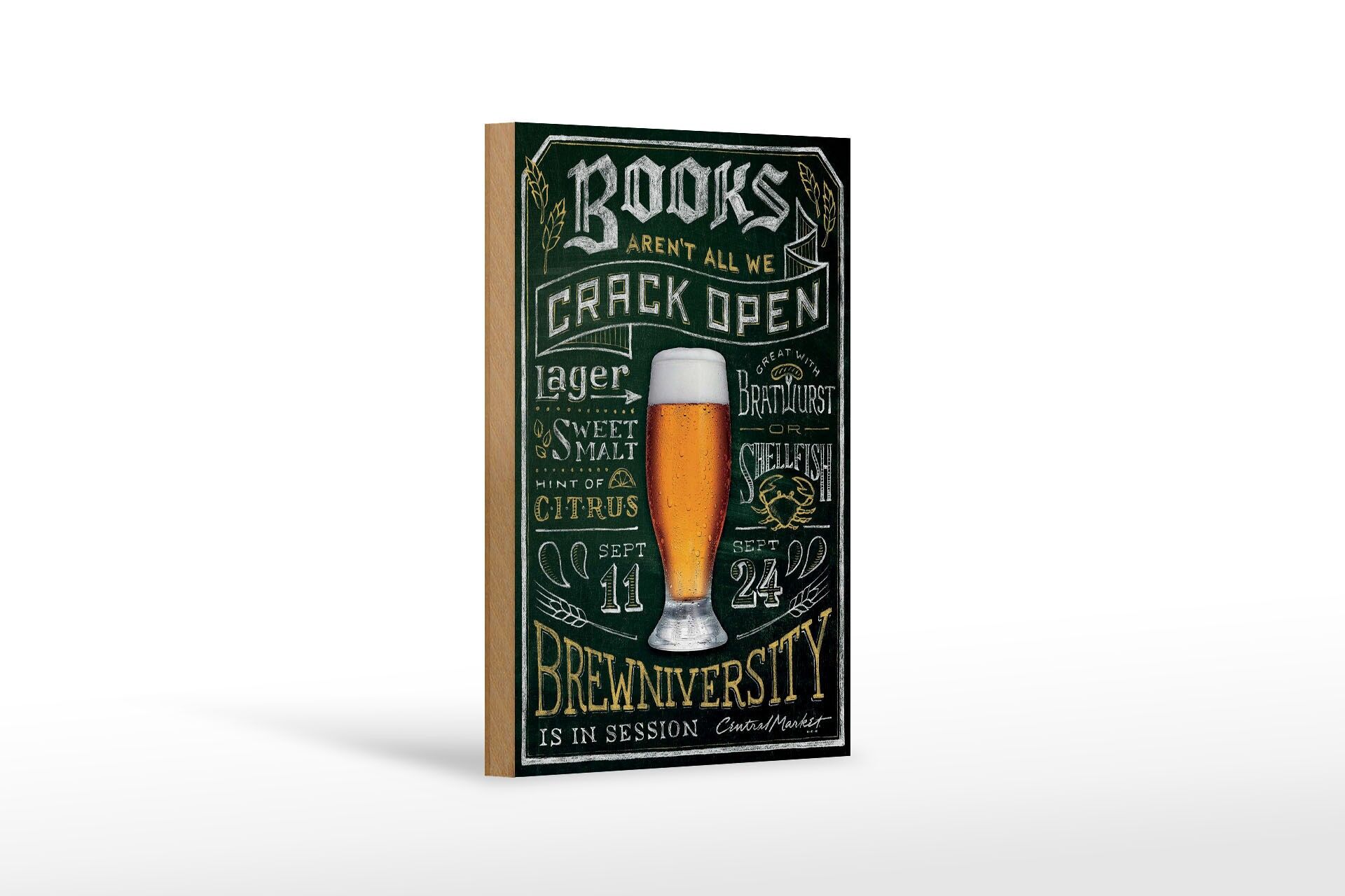 Holzschild Alkohol 12x18 cm books arent we crack open Bier Brewniversity Deko