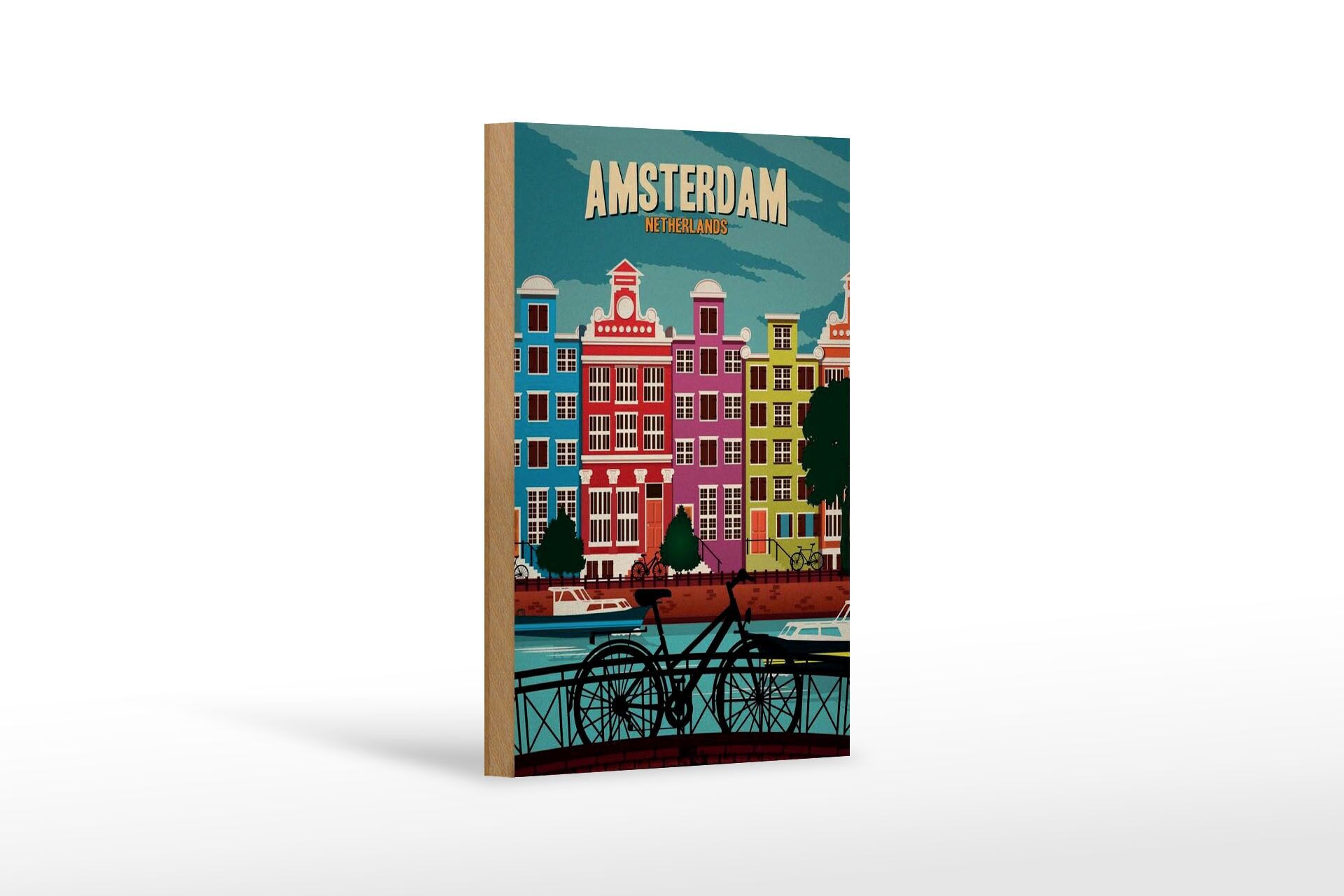 Holzschild Reise 12x18 cm Amsterdam Niederlande Fahrräder Wasser Deko Schild