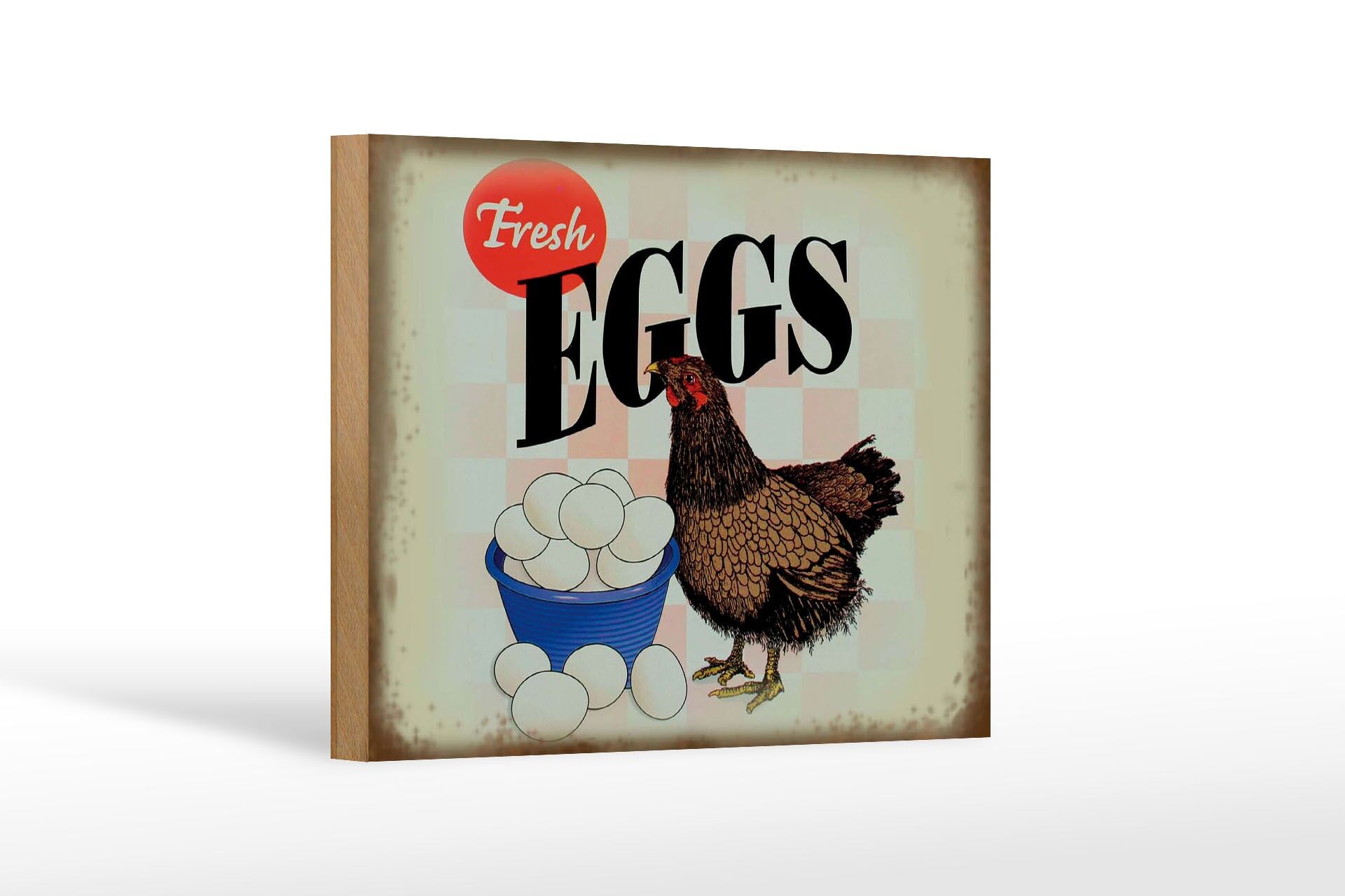 Holzschild Hinweis 12x18 cm Reklame Fresh eggs Hahn Eier Deko Schild