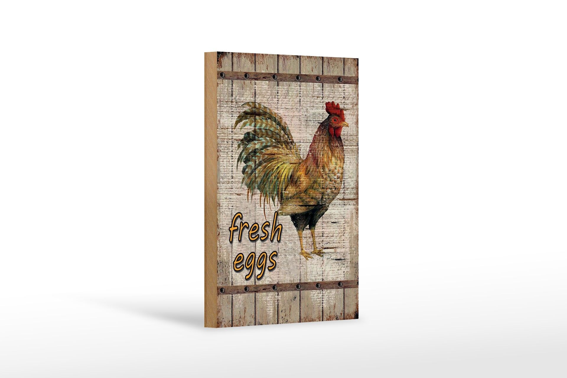Holzschild Hinweis 12x18 cm Fresh eggs Hahn Reklame Deko Schild