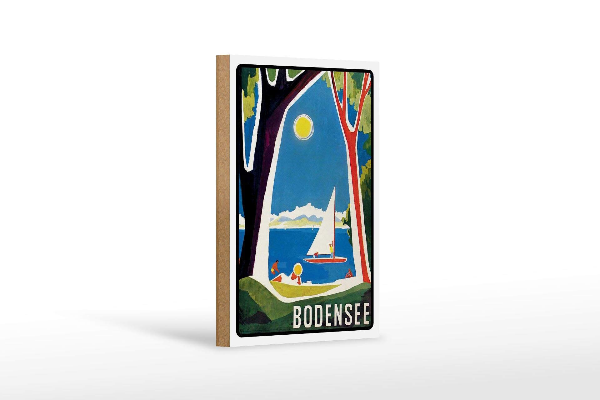 Holzschild Reise 12x18 cm Bodensee Segelboot Bäume Deko Schild