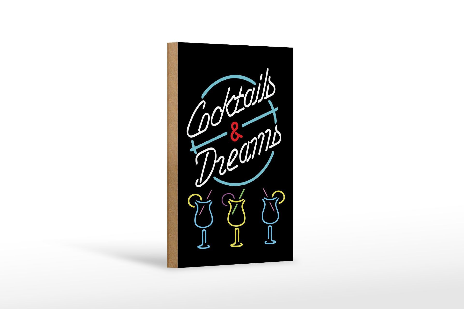 Holzschild Reklame 12x18 cm Cocktails and dreams Neonoptik Deko Schild