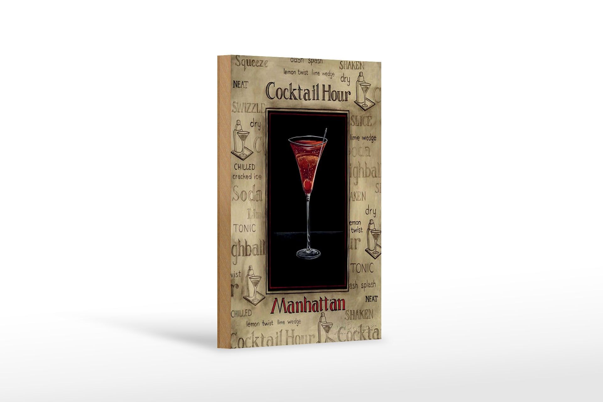 Holzschild Alkohol 12x18 cm Cocktail hour Manhatten Glas Deko Schild
