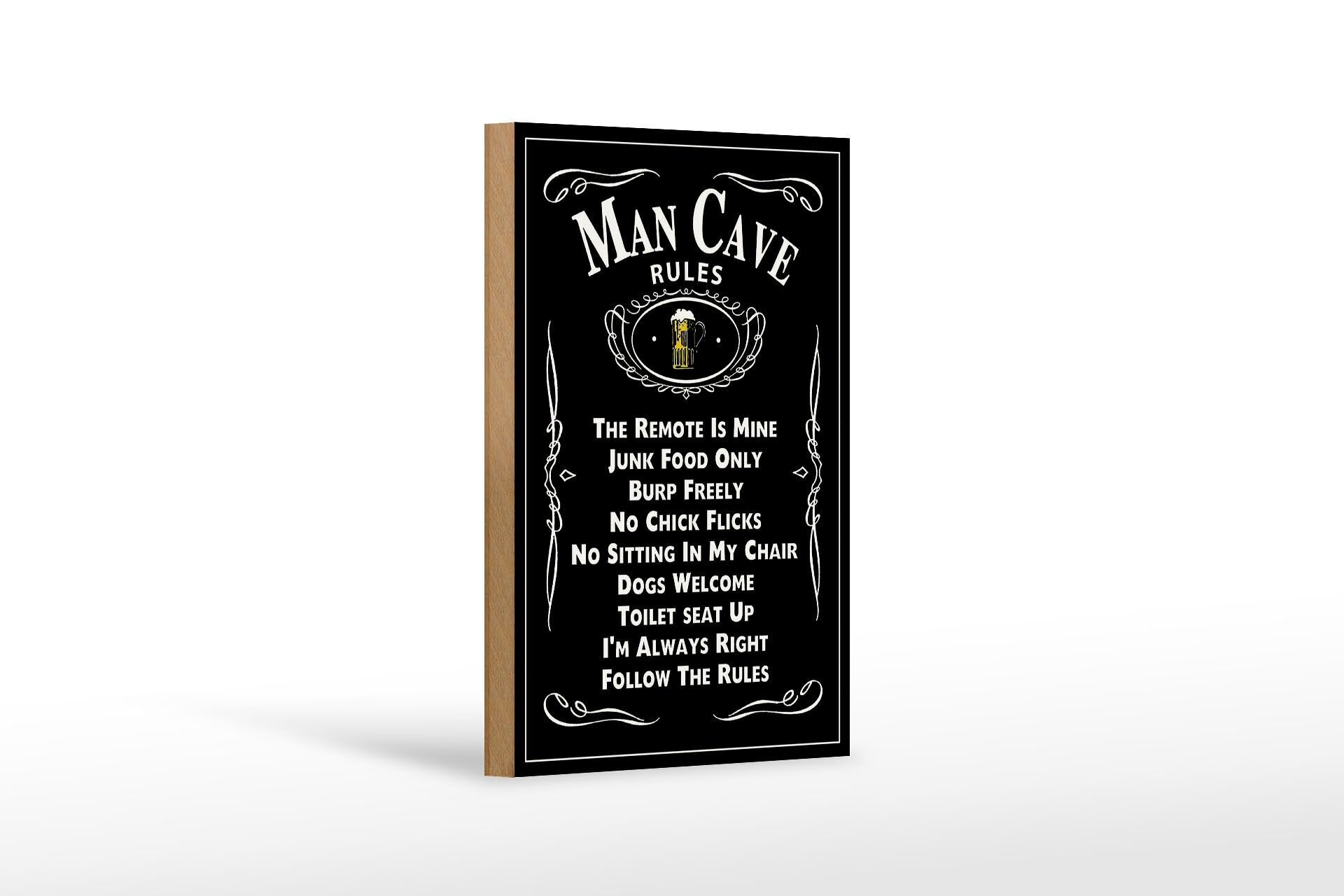 Holzschild Spruch 12x18 cm Man Cave rules Bierglas Deko Schild
