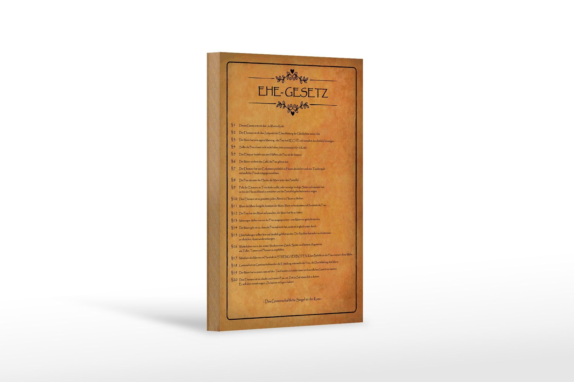 Holzschild Spruch 12x18 cm Ehe Gesetz Deko Schild