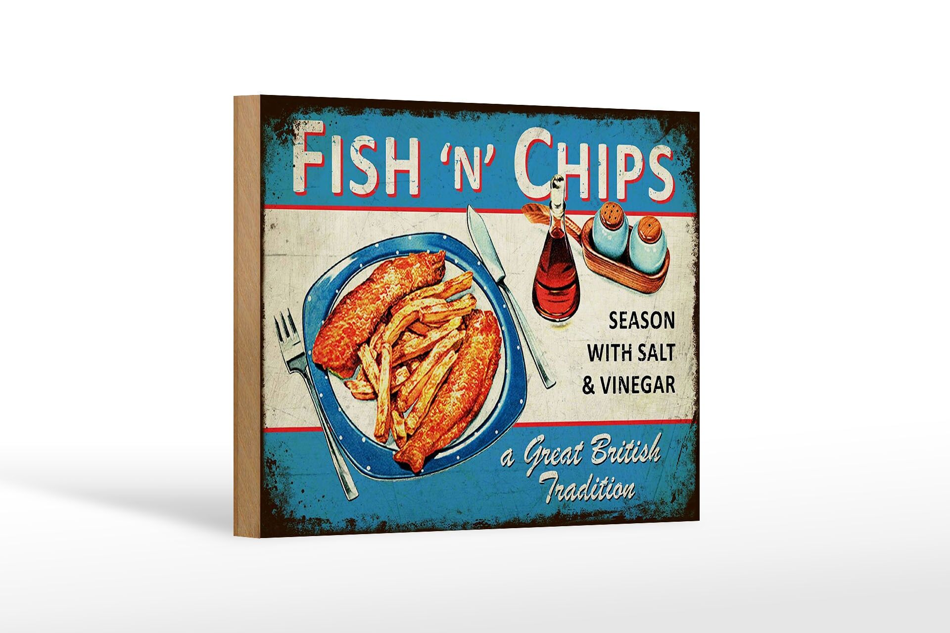 Holzschild Reklame 12x18 cm Fish n Chips Retro Deko Schild