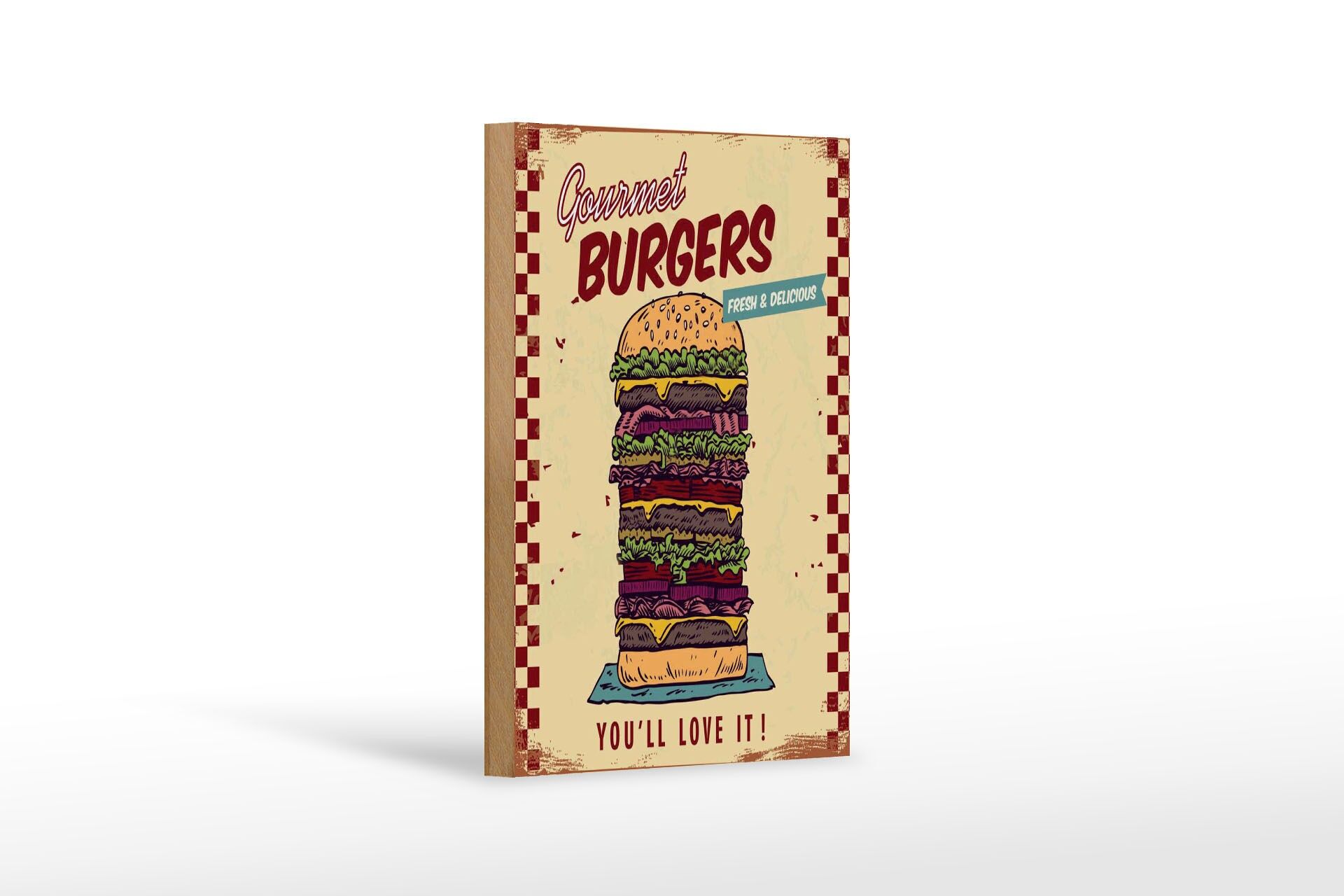 Holzschild Reklame 12x18 cm Gourmet Burgers Deko Schild