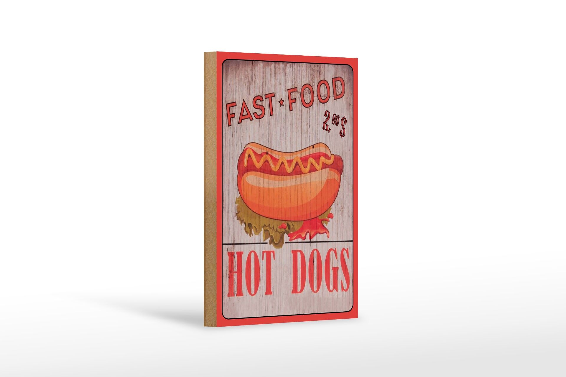 Holzschild Reklame 12x18 cm Fast Food Hot Dogs Retro Deko Schild