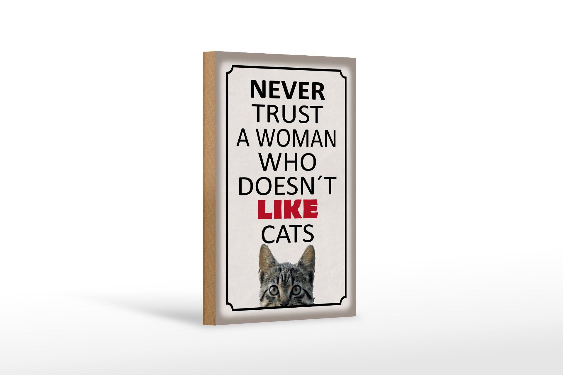 Holzschild Spruch 12x18 cm Never trust a woman who dosent like cats Deko Schild