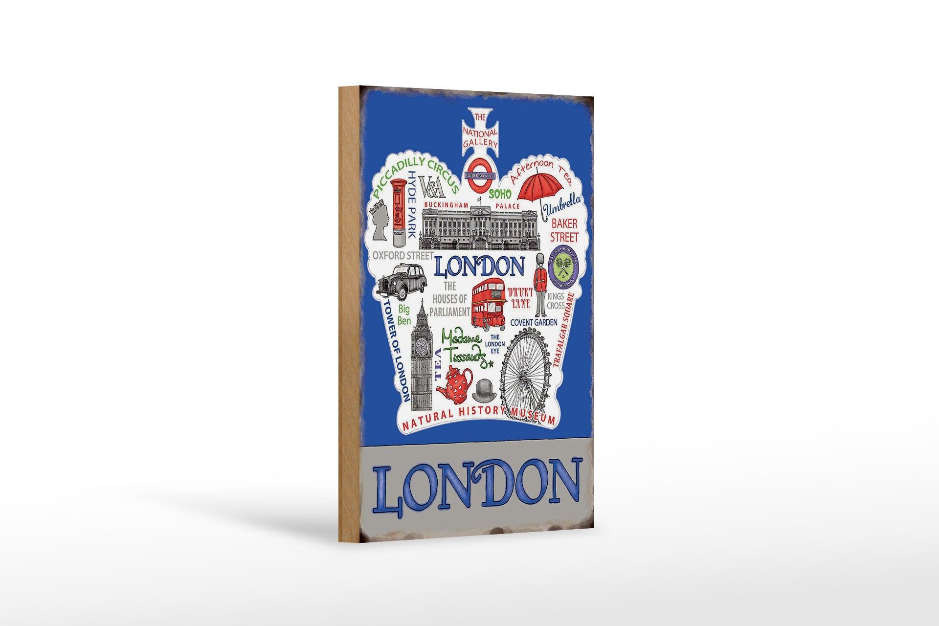 Holzschild Reise 12x18 cm London Sehenswürdigkeiten Übersicht Deko Schild