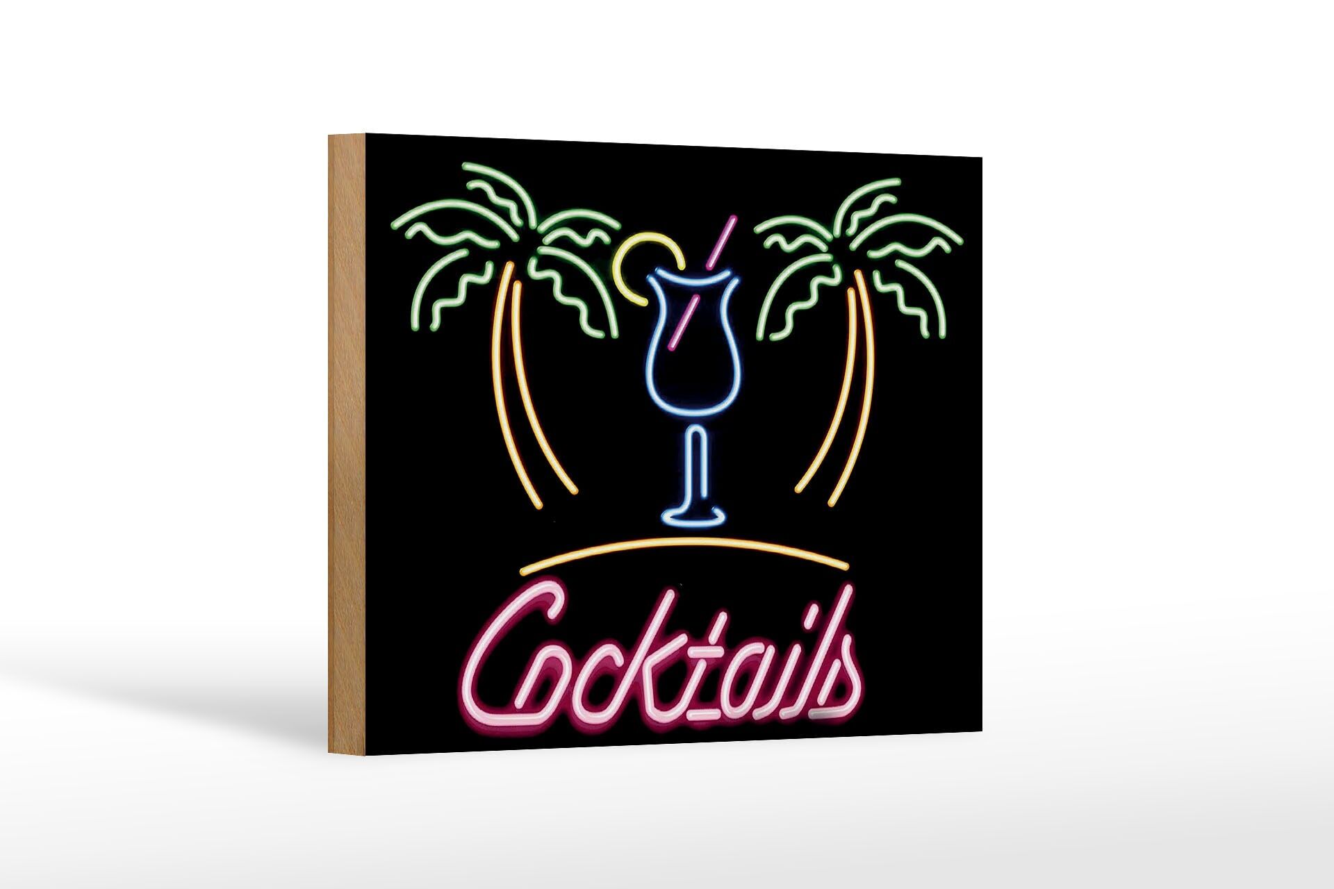 Holzschild Reklame 12x18 cm Cocktails Palmen Neonoptik Deko Schild