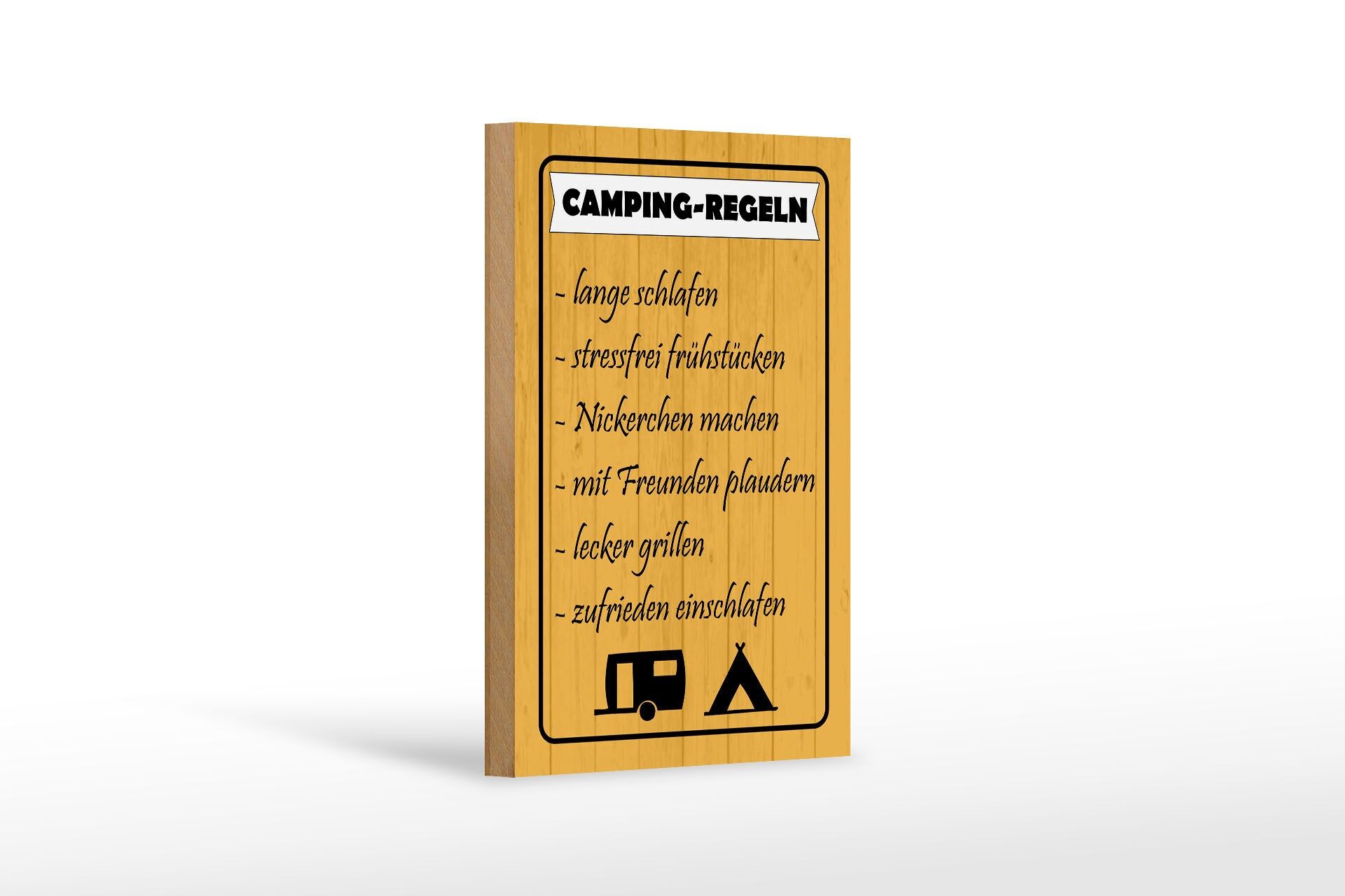 Holzschild Camping 12x18 cm Regeln Lange schlafen stressfrei Deko Schild