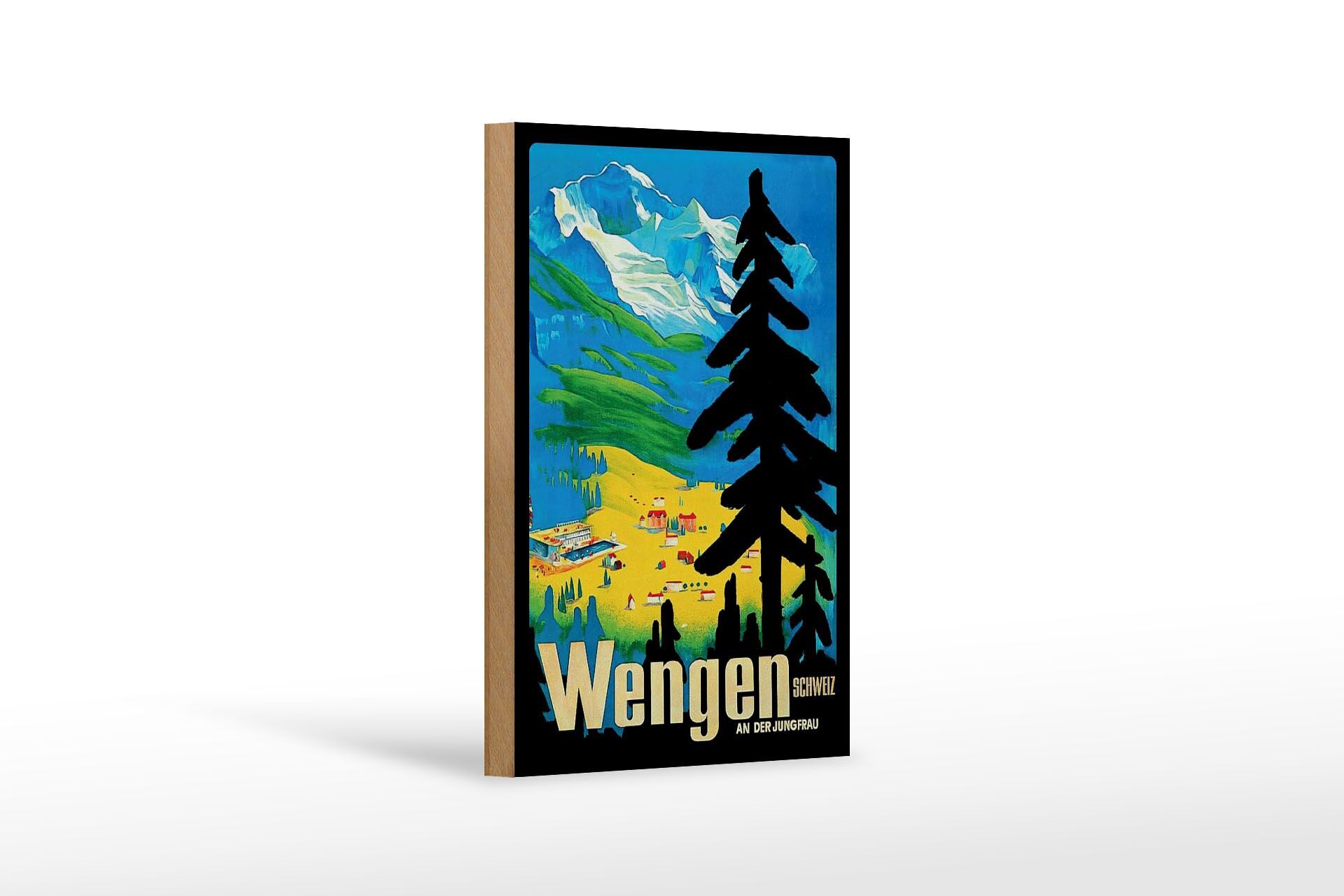 Holzschild Reise 12x18 cm Wengen an der Jungfrau Schweiz Berge Tal Deko Schild