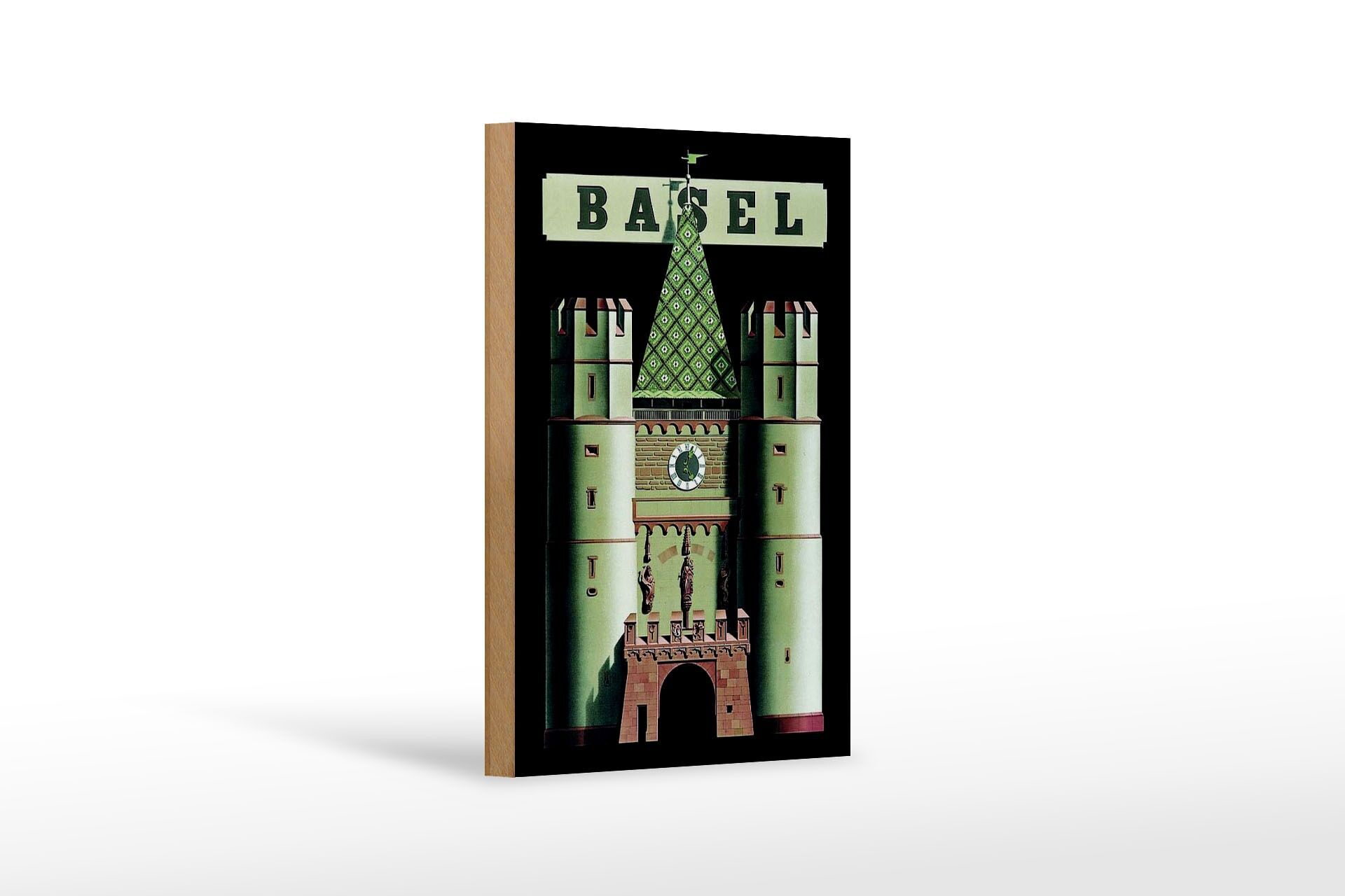 Holzschild Reise 12x18 cm Basel Schweiz Stadttor mit Turm Deko Schild