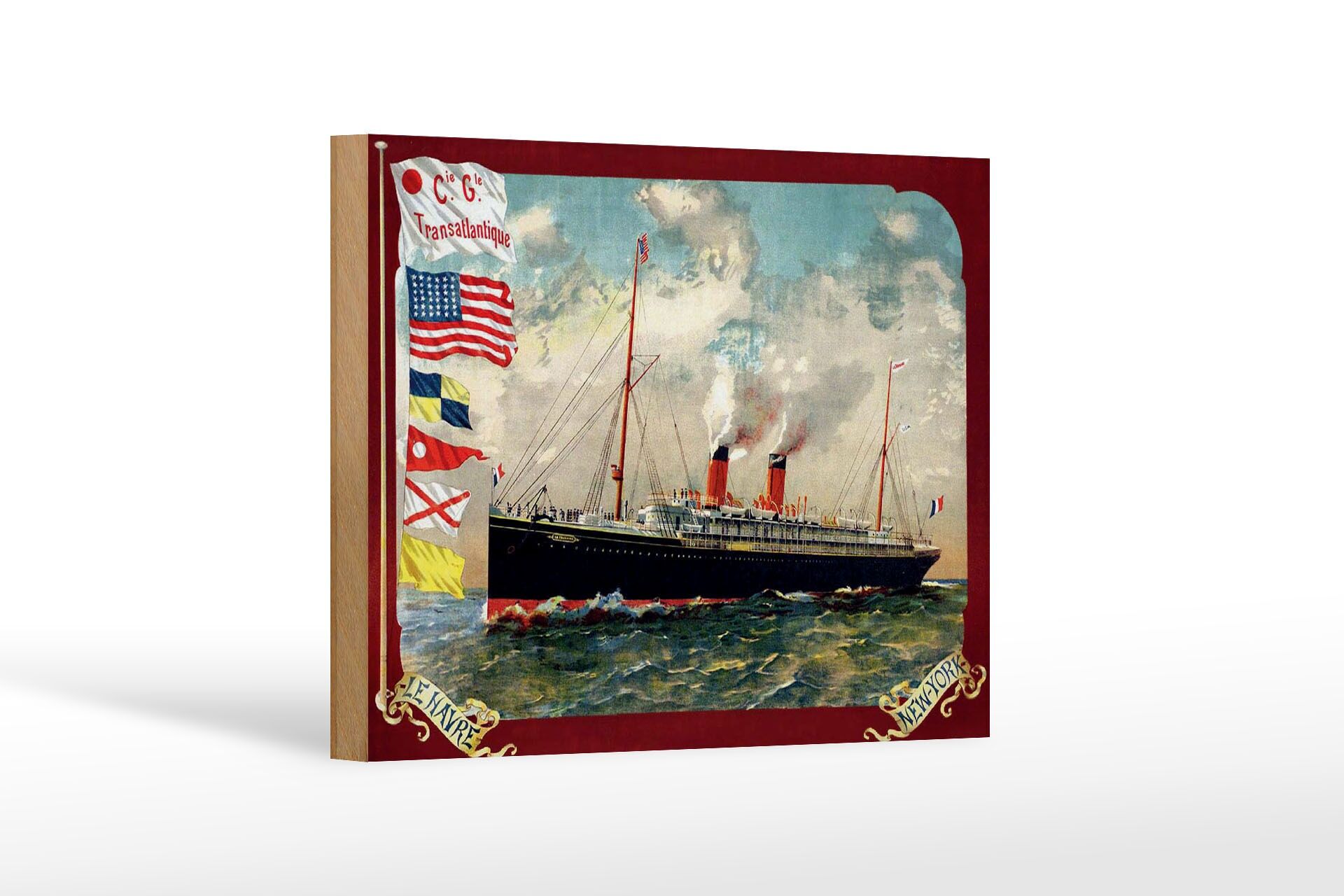 Holzschild Reise 12x18 cm Le havre New York Kreuzfahrtschiff Dampfer auf See