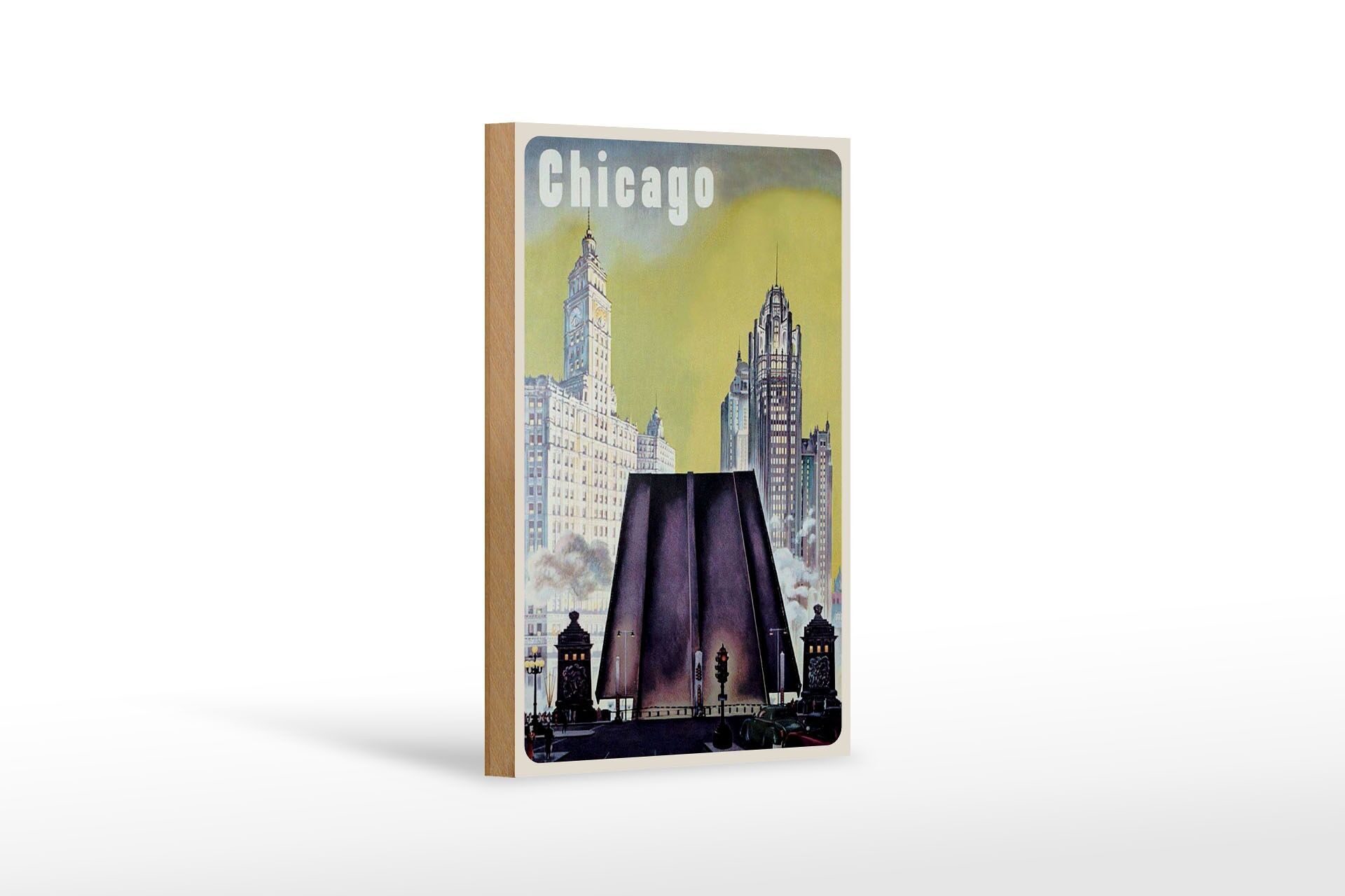 Holzschild Reise 12x18 cm Chicago Amerika Retro Deko Schild