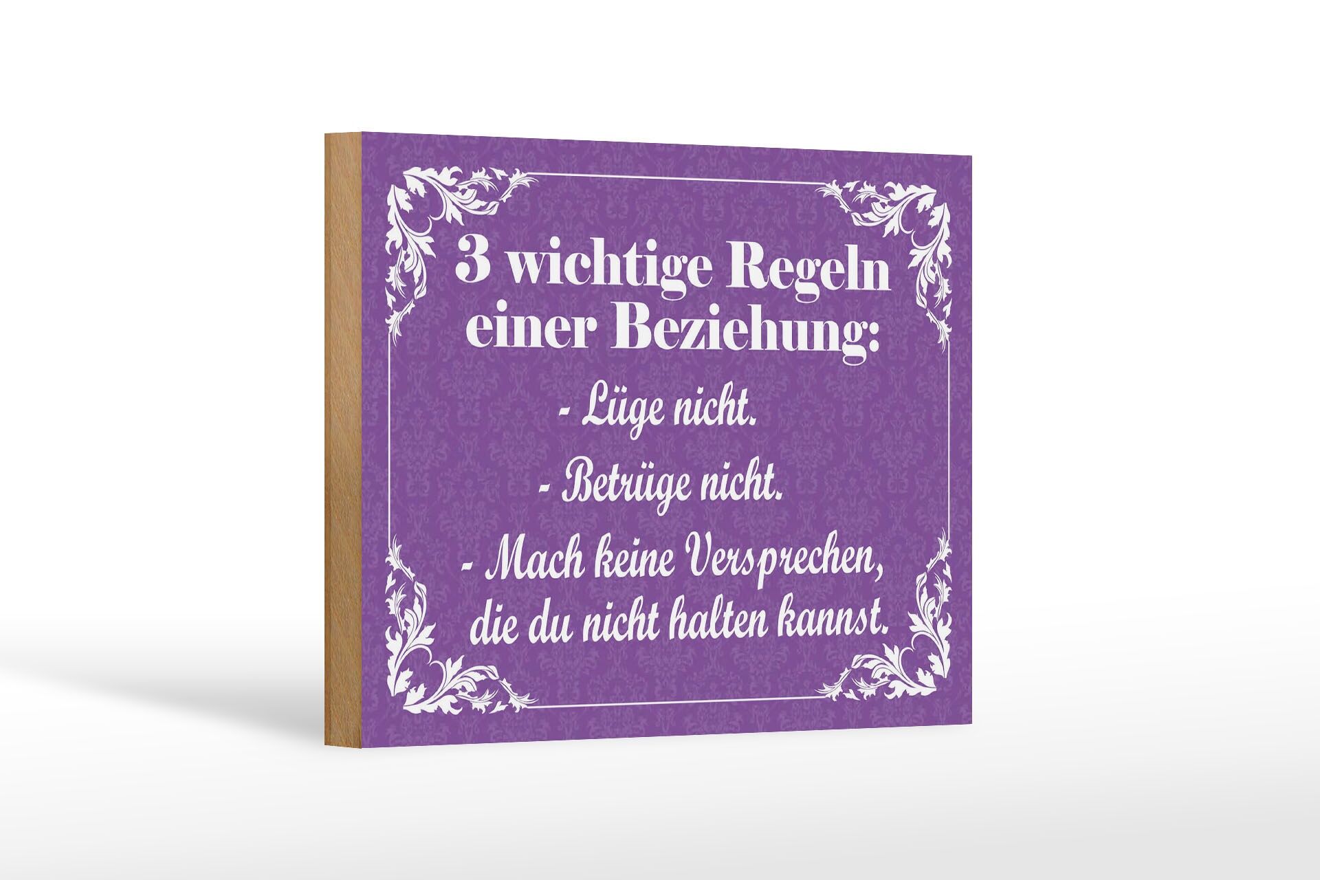 Holzschild Spruch 12x18 cm  3 wichtige Regeln einer Beziehung Deko Schild