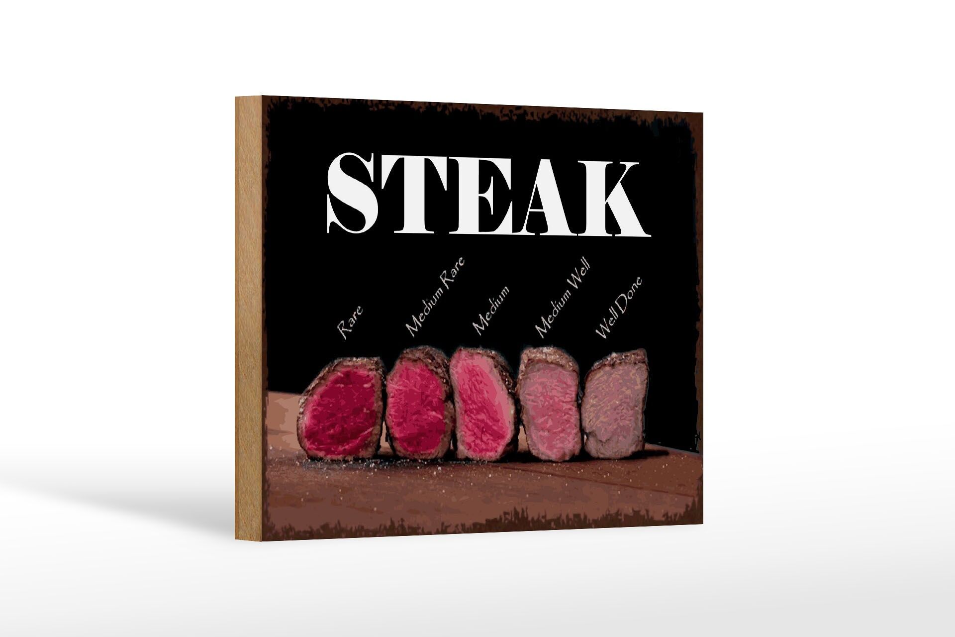 Holzschild Spruch 12x18 cm Steak Garstufen Rindfleisch geschnitten Deko Schild