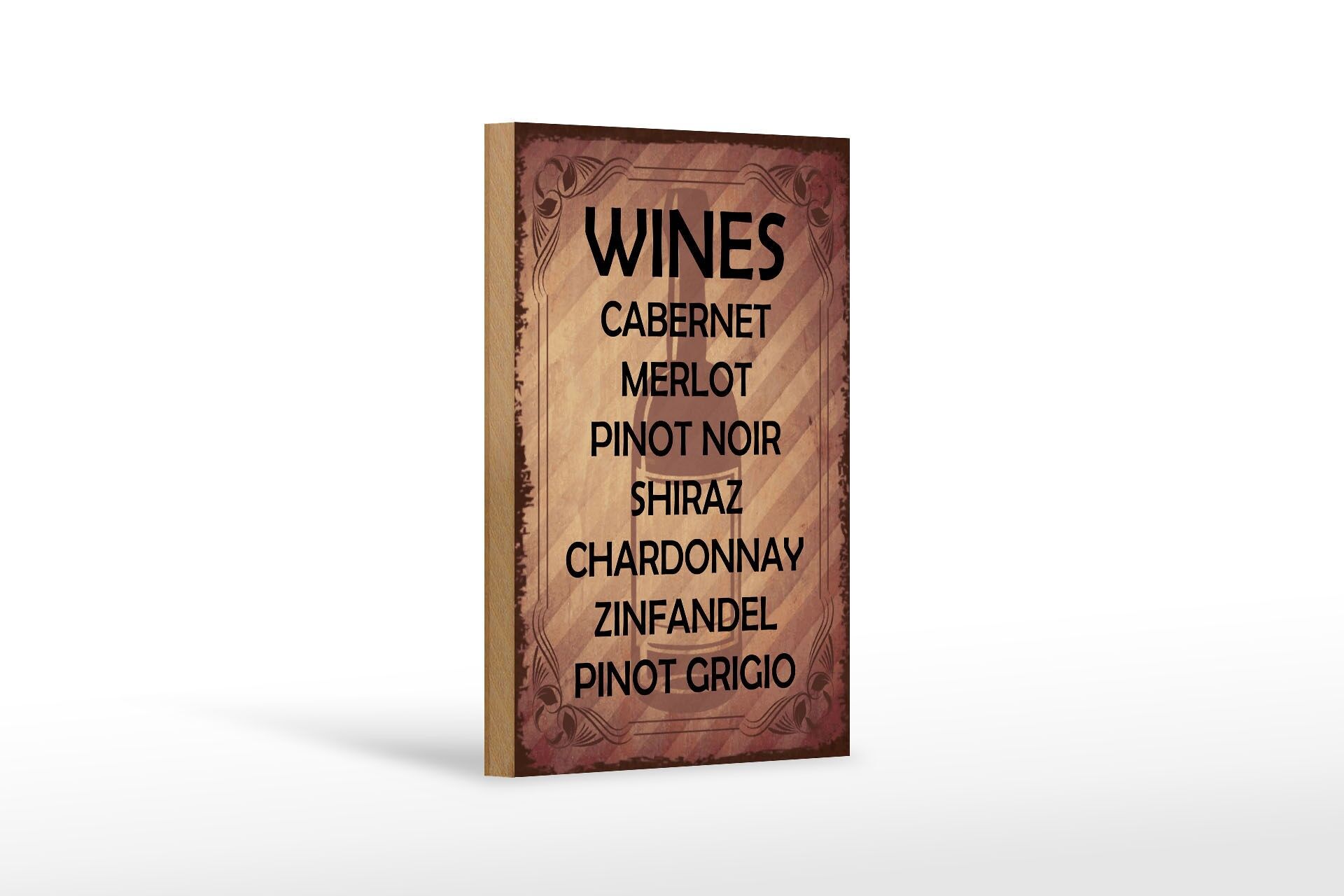 Holzschild Alkohol 12x18 cm Wines 7 Weinsorten aufgelistet Deko Schild