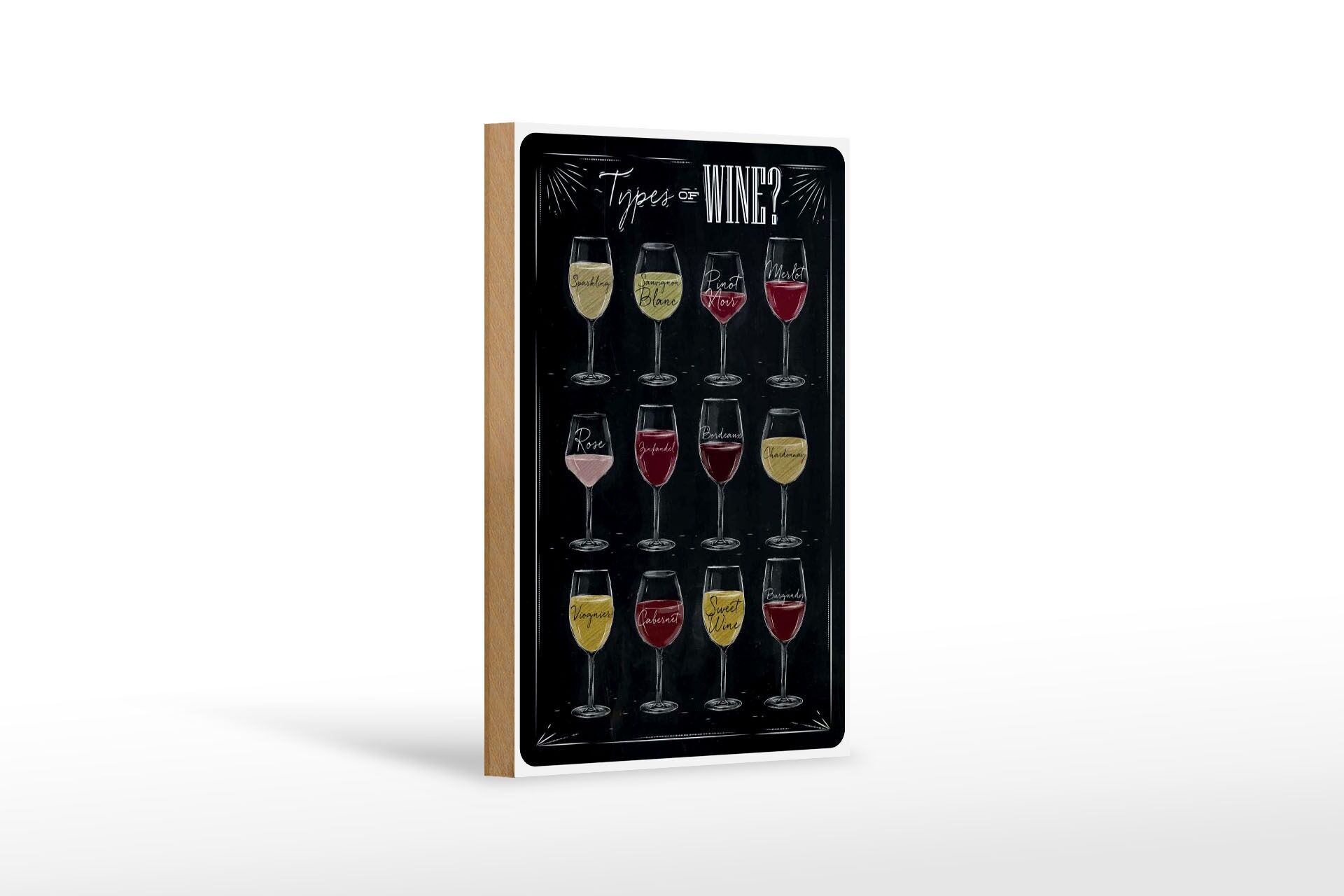 Holzschild Alkohol 12x18 cm Types of Wine 12 Weingläsern Deko Schild