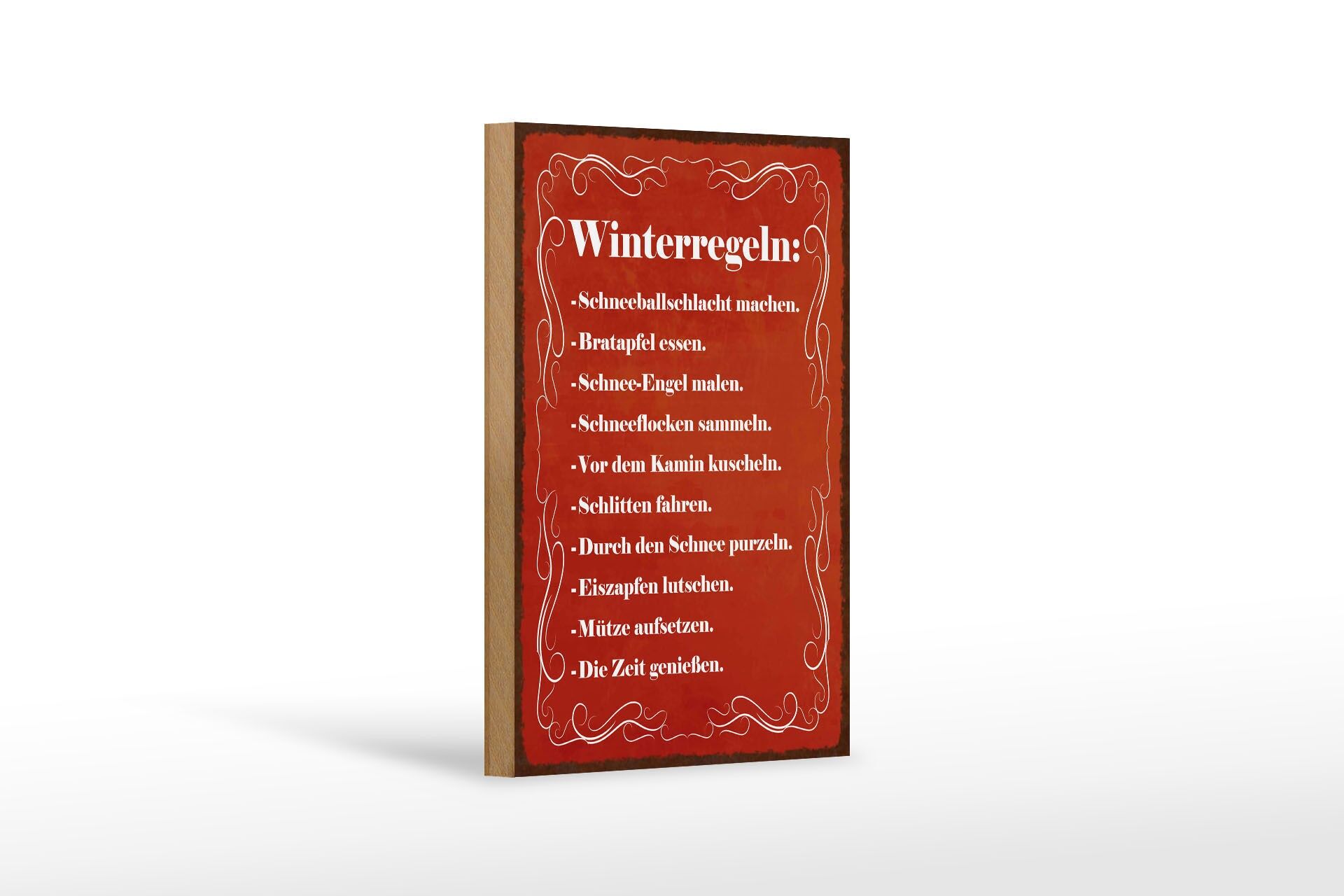 Holzschild Spruch 12x18 cm Winterregeln rotes Deko Schild