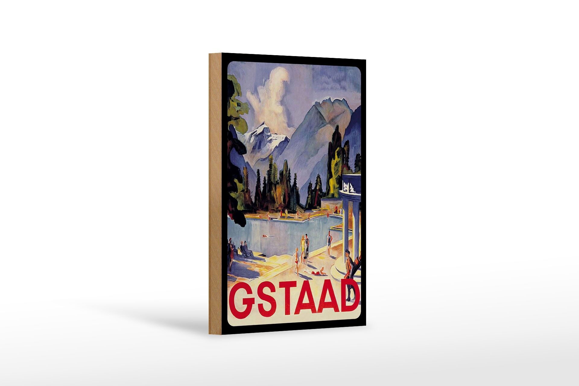 Holzschild Reise 12x18 cm Gstaad Pool Urlauber Deko Schild