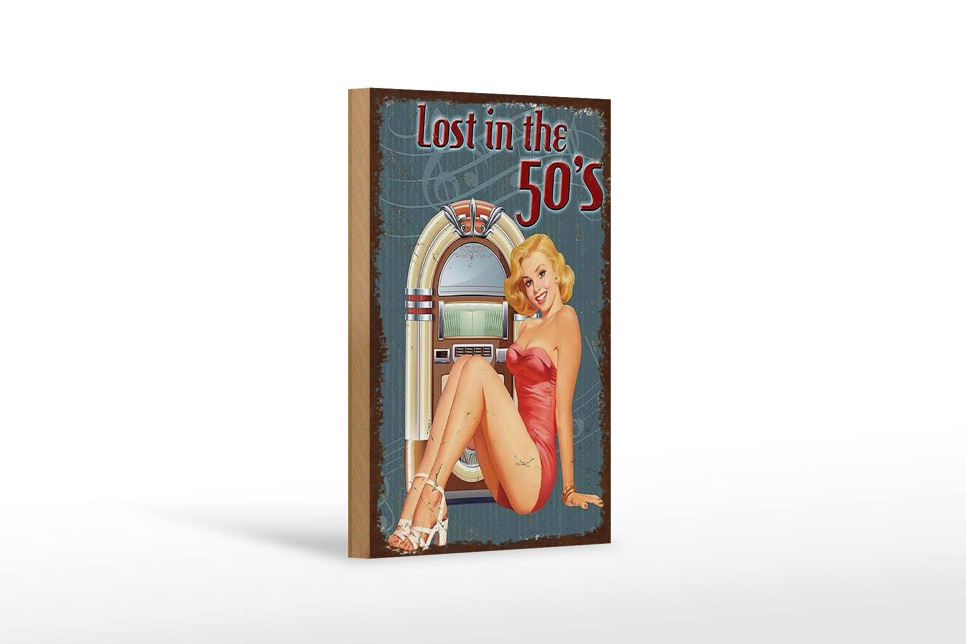 Holzschild Retro 12x18 cm Lost in the 50 s Frau mit Jutebox Deko Schild