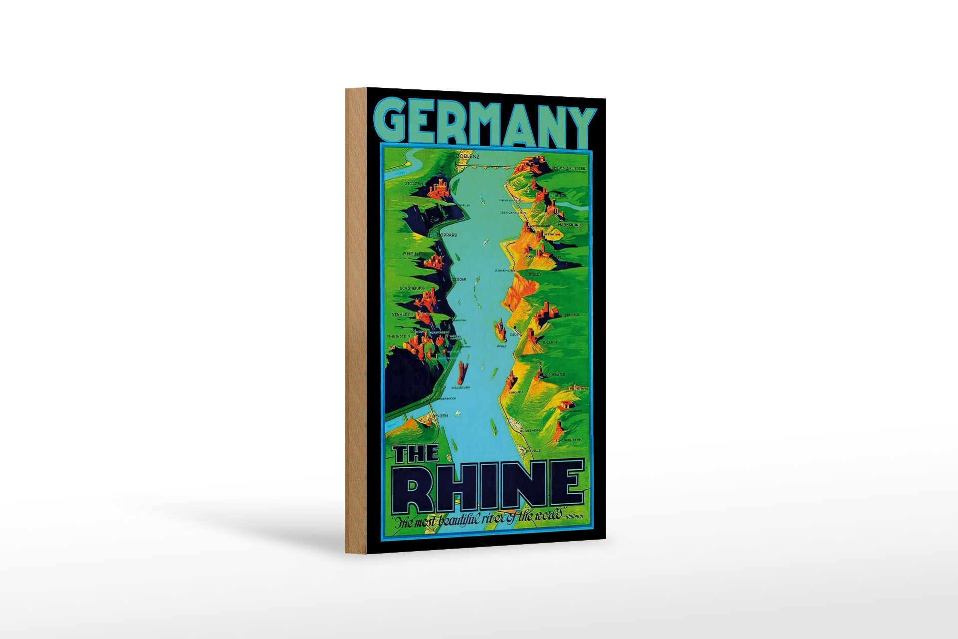 Holzschild Reise 12x18 cm the Rhine the most beatiful river of the World Schild