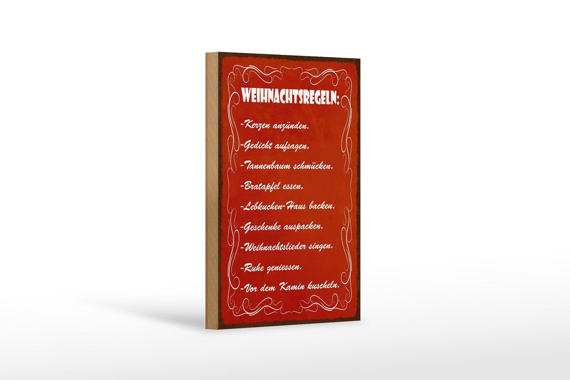 Holzschild Spruch 12x18 cm Weihnachtsregeln rotes Deko Schild