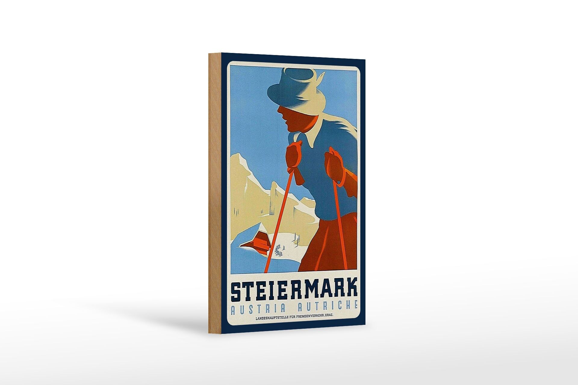 Holzschild Reise 12x18 cm Österreich Steiermark Skiläufer Deko Schild