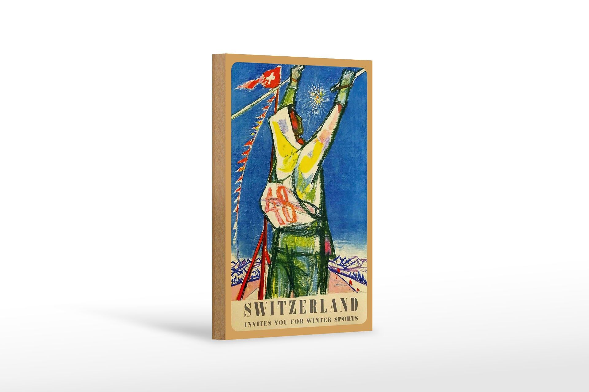 Holzschild Reise 12x18 cm Switzerland invites for winter sport Deko Schild