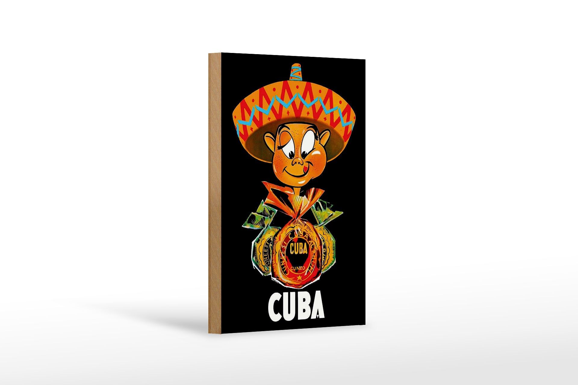 Holzschild Reise 12x18 cm Cuba Karibik Männchen mit Sombrero Deko Schild