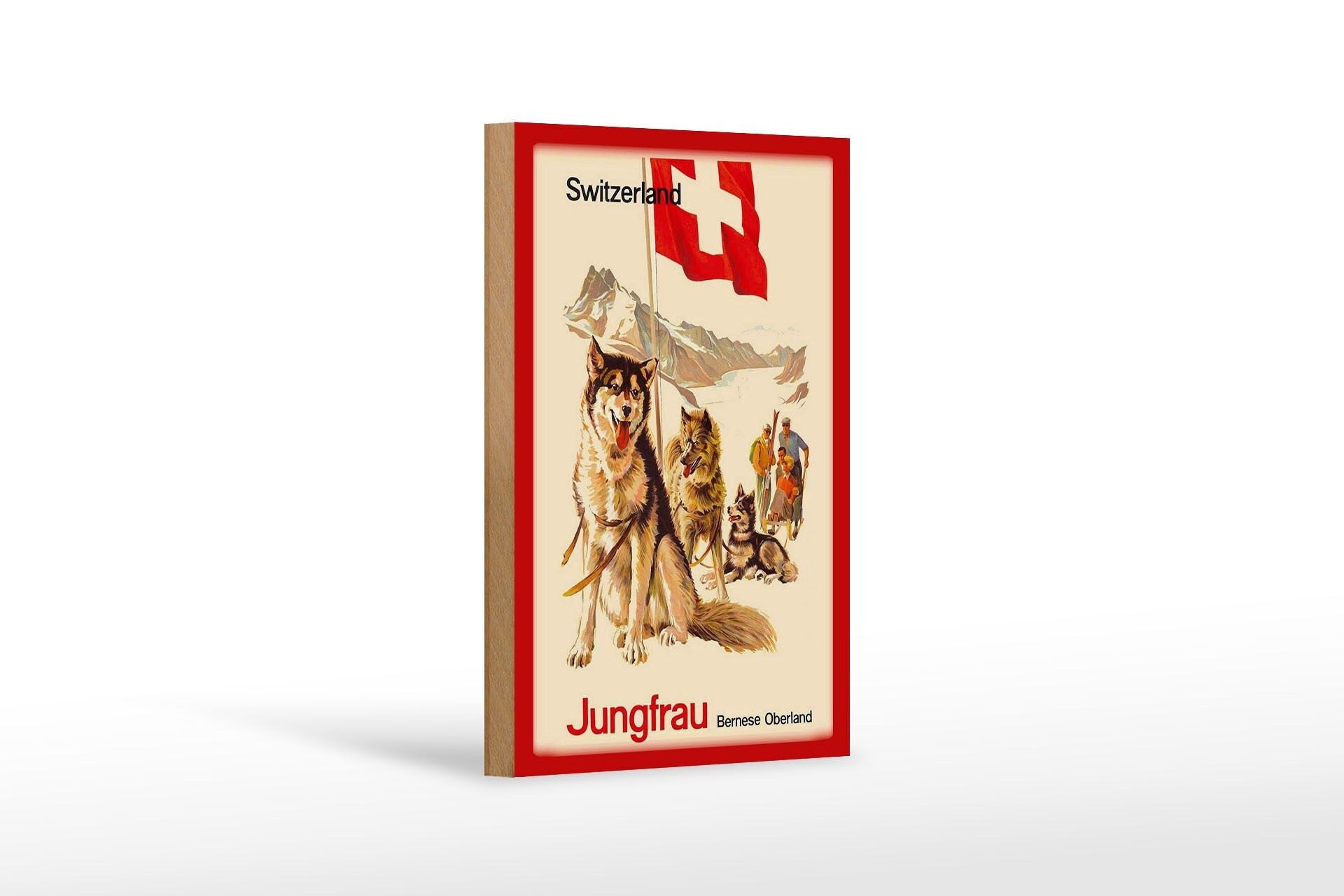 Holzschild Reise 12x18 cm Schweiz Jungfrau Bernese Oberland Hund Deko Schild