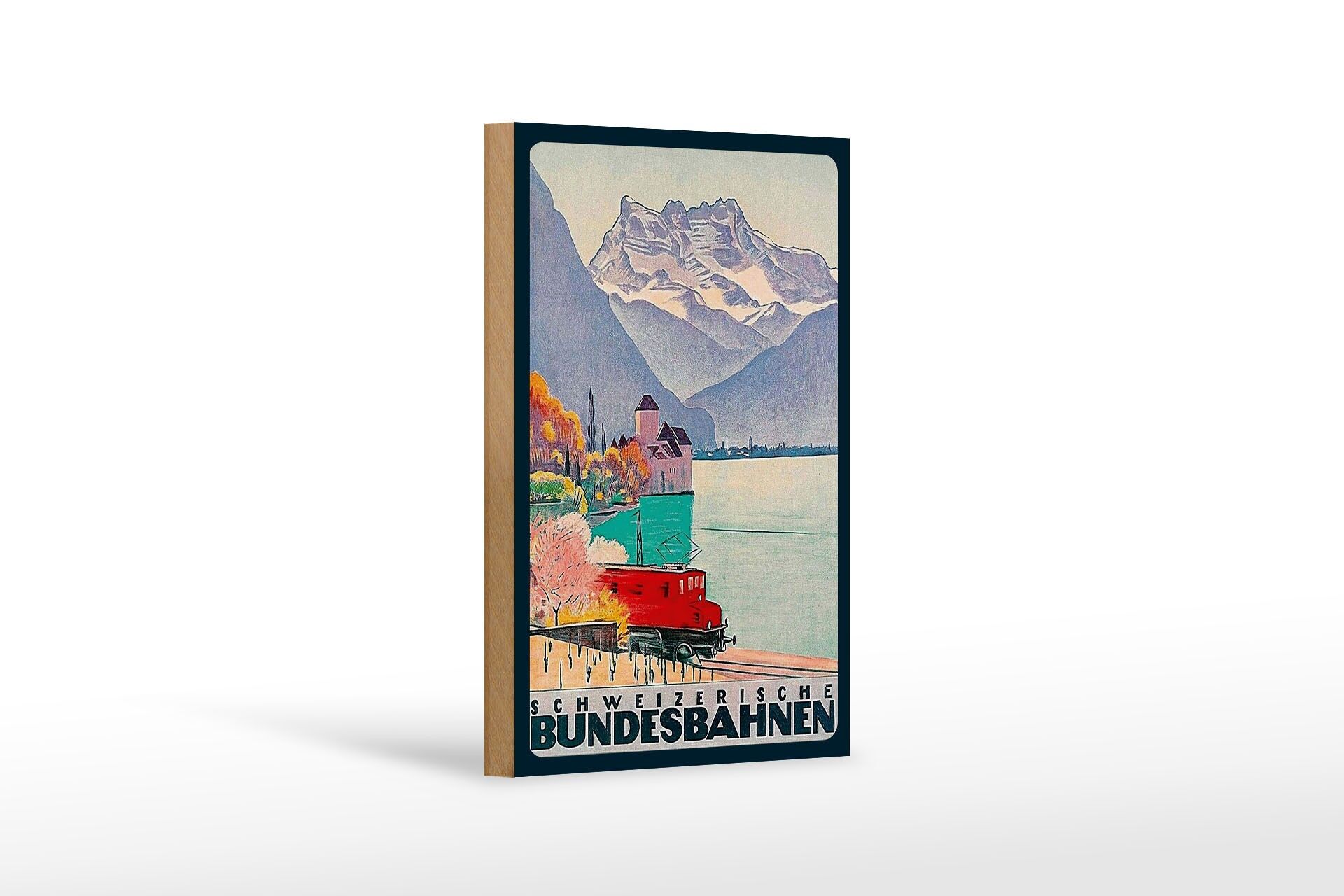Holzschild Reise 12x18 cm Schweizerische Bundesbahn Berge See Deko Schild