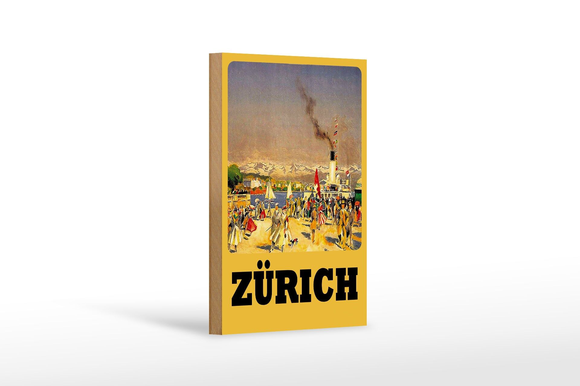 Holzschild Reise 12x18 cm Zürich Dampfer Passanten Nostalgie Deko Schild
