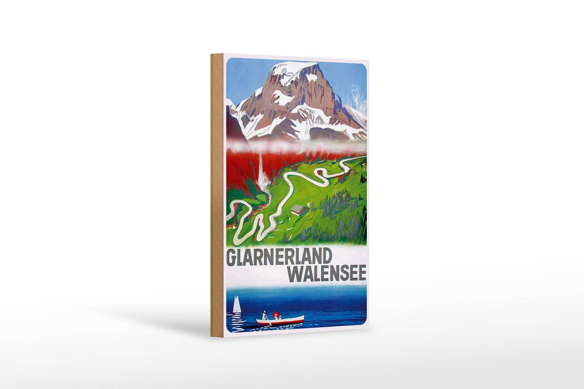Holzschild Reise 12x18 cm Glarnerland Walensee Berge Tal Deko Schild