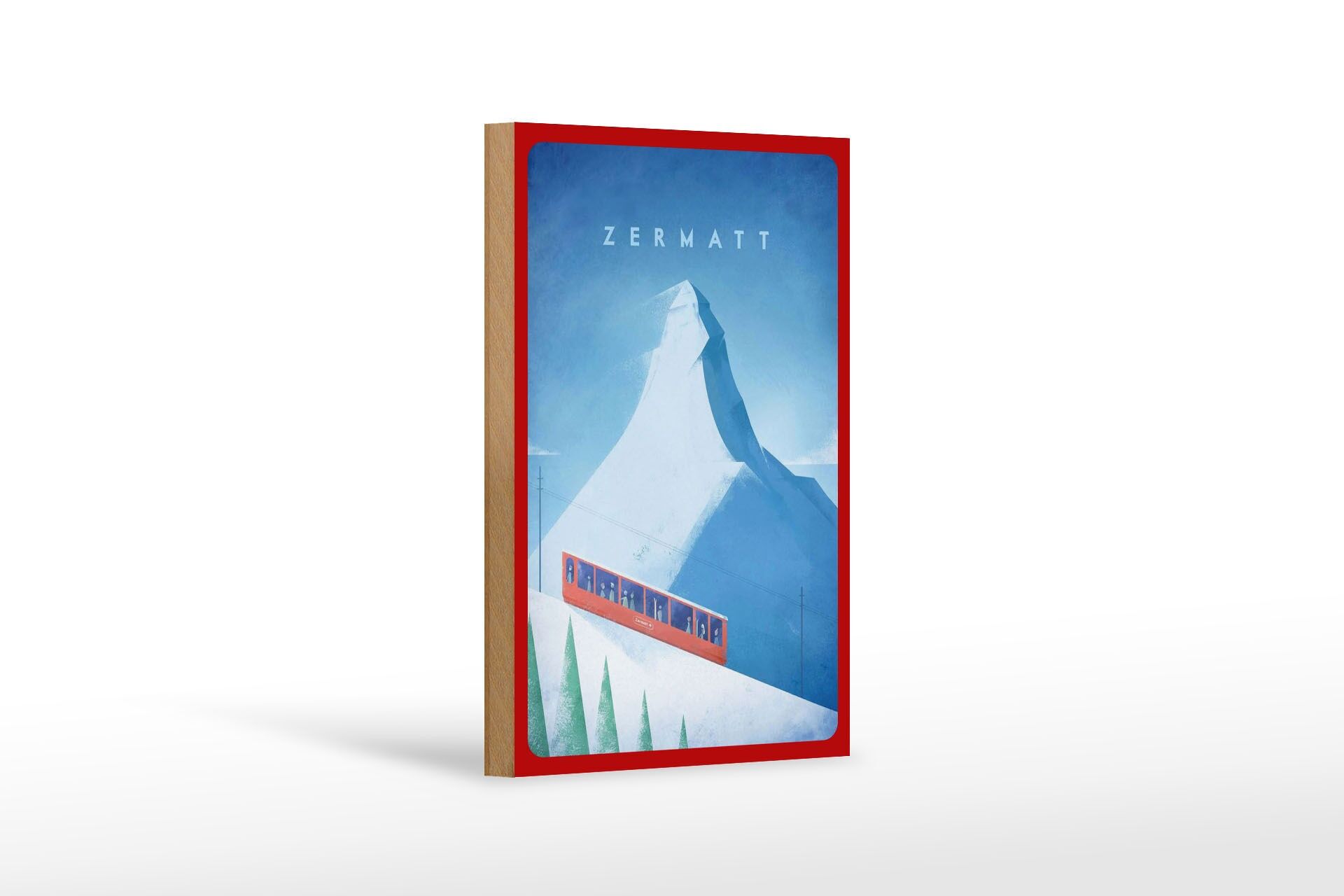 Panneau décoratif en bois pour les voyages, 12 x 18 cm, Zermatt, Suisse, neige, train.