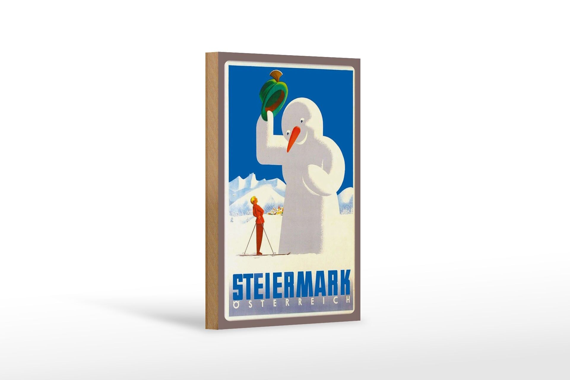 Holzschild Reise 12x18 cm Österreich Steiermark Schneemann Deko Schild