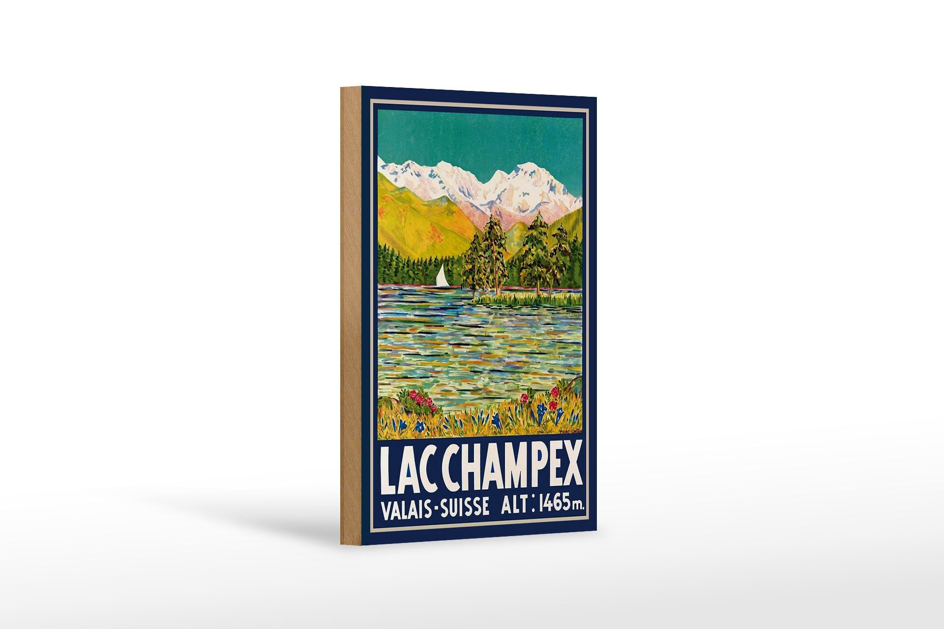 Holzschild Reise 12x18 cm Lac Champex valais Suisse 1465 m Deko Schild