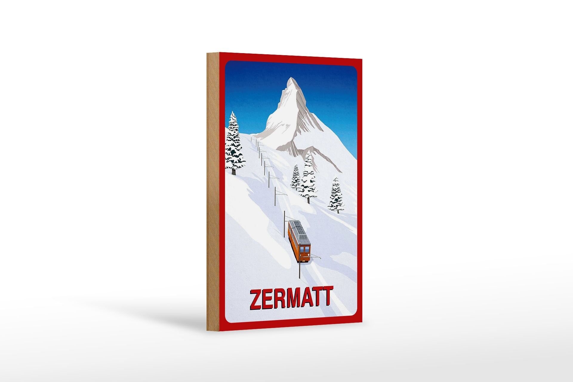 Holzschild Reise 12x18 cm Schweiz Zermatt Schnee Bäume Deko Schild