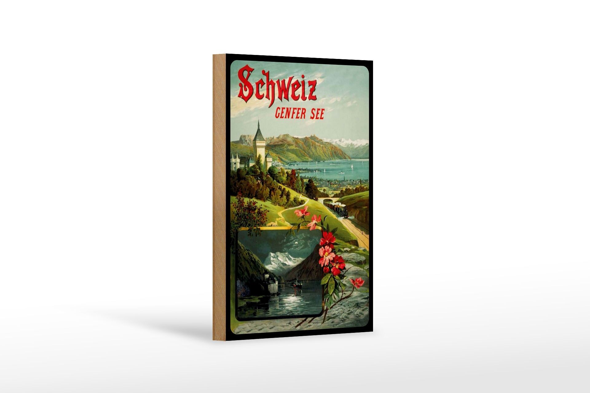 Holzschild Reise 12x18 cm Schweiz Genfer See Nostalgie Deko Schild