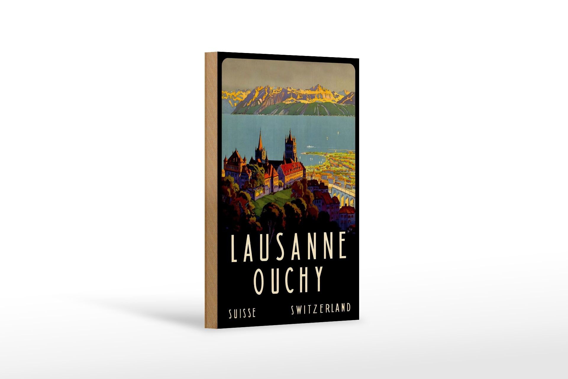 Holzschild Reise 12x18 cm Schweiz Lausanne Ouchy Deko Schild