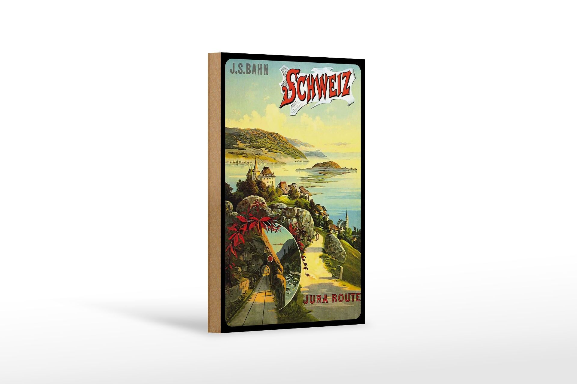Holzschild Reise 12x18 cm J.S.Bahn Schweiz Jura Route Nostalgie Deko Schild