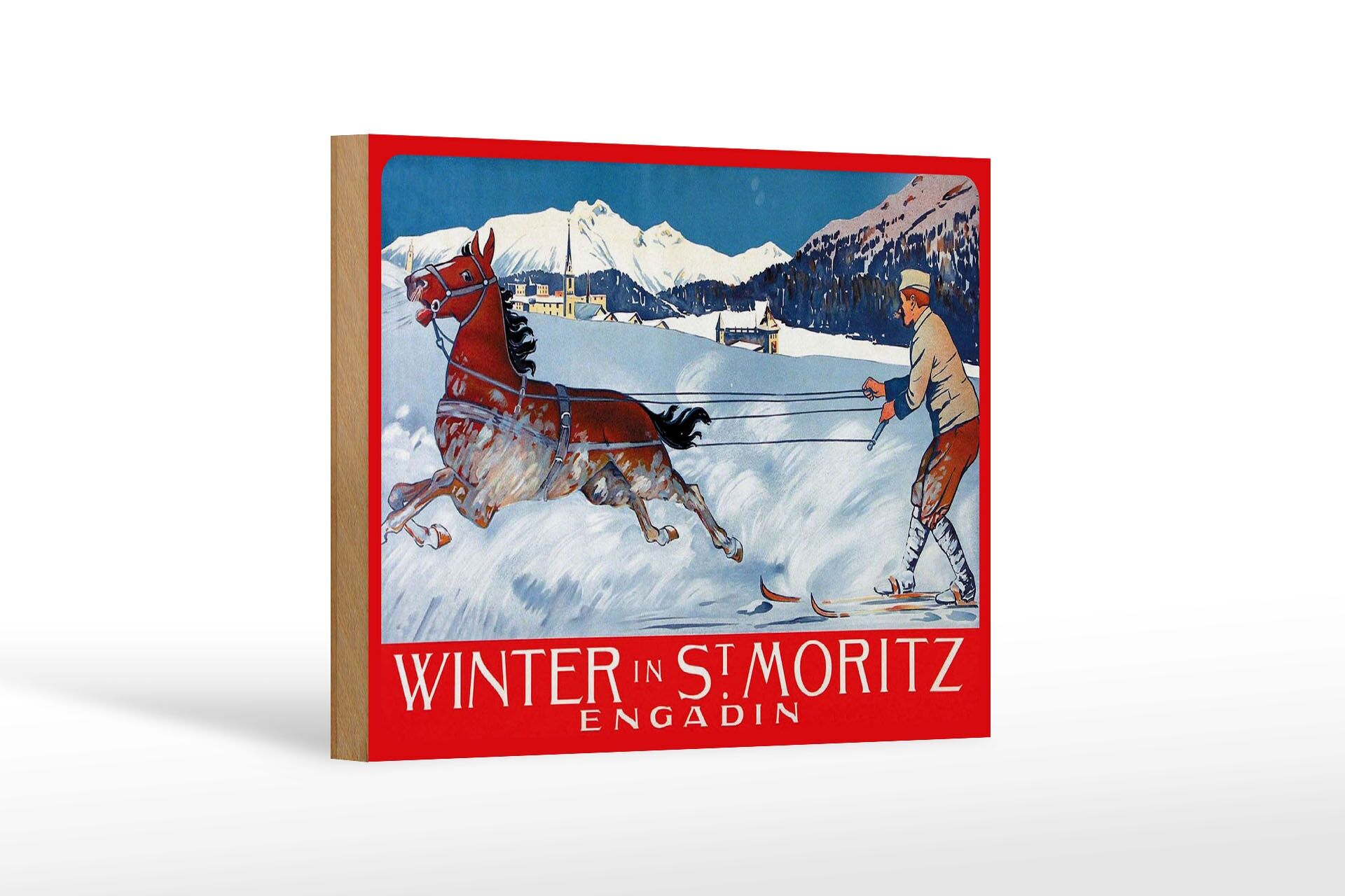 Holzschild Reise 12x18 cm Winter in St. Moritz engadin Deko Schild