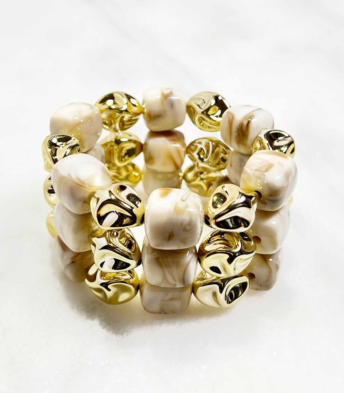 Bracelet tube acrylique sur élastique - Doré Crème